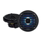 Black marine speakers with blue LED lighting