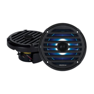Black marine speakers with blue LED lighting