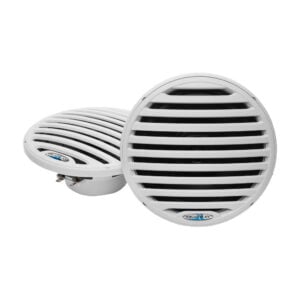White marine speakers with protective grille covers
