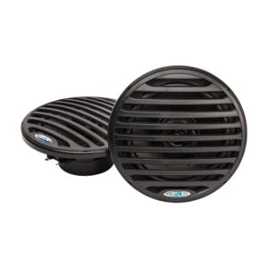 Pair of black marine speakers with grilles