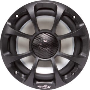 Black round marine speaker with protective grille