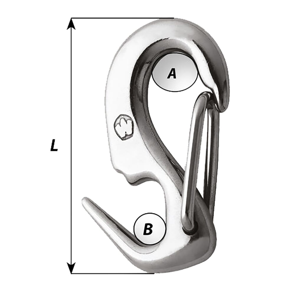 Stainless steel snap hook with labeled dimensions.