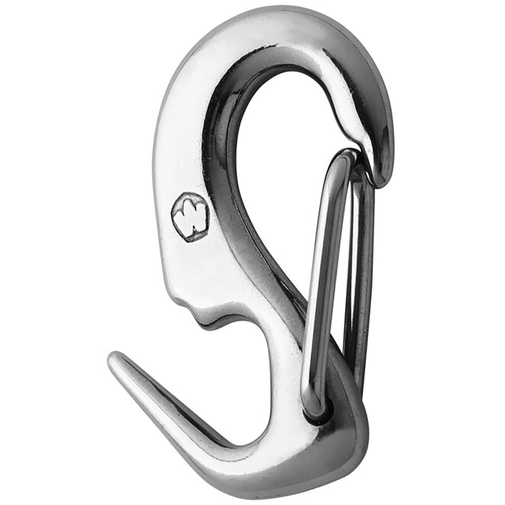 Silver snap hook clip with logo engraving.