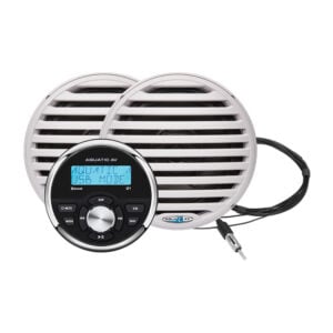 Marine stereo system with two white speakers