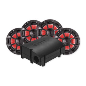 Four red-cone speakers with black amplifier unit