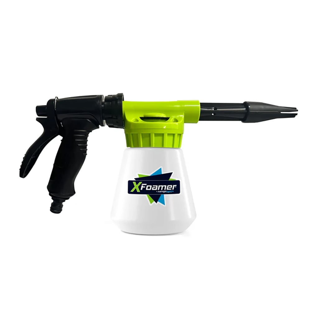 XFoamer spray gun with green and black design.