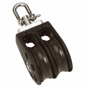 Double sheave pulley block with metal shackle