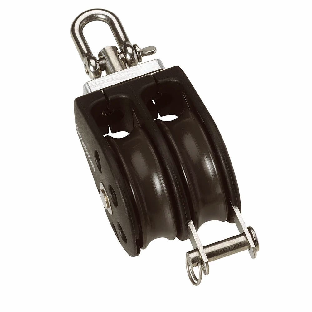 Double block pulley with shackle and pin.