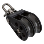 Double block pulley with metal hook attachment.