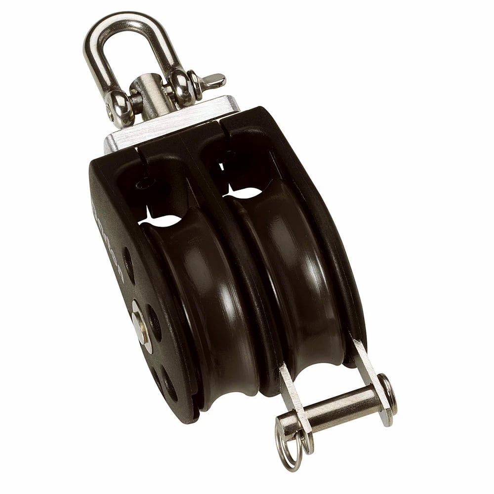 Double pulley block with metal hook and wheels.