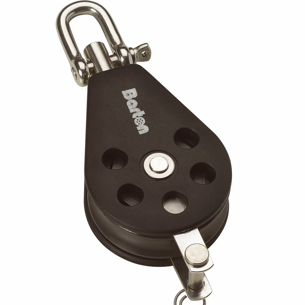 Black marine pulley block with metal shackle attached.