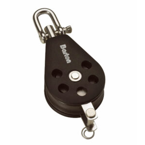 Black pulley block with metal swivel hook.