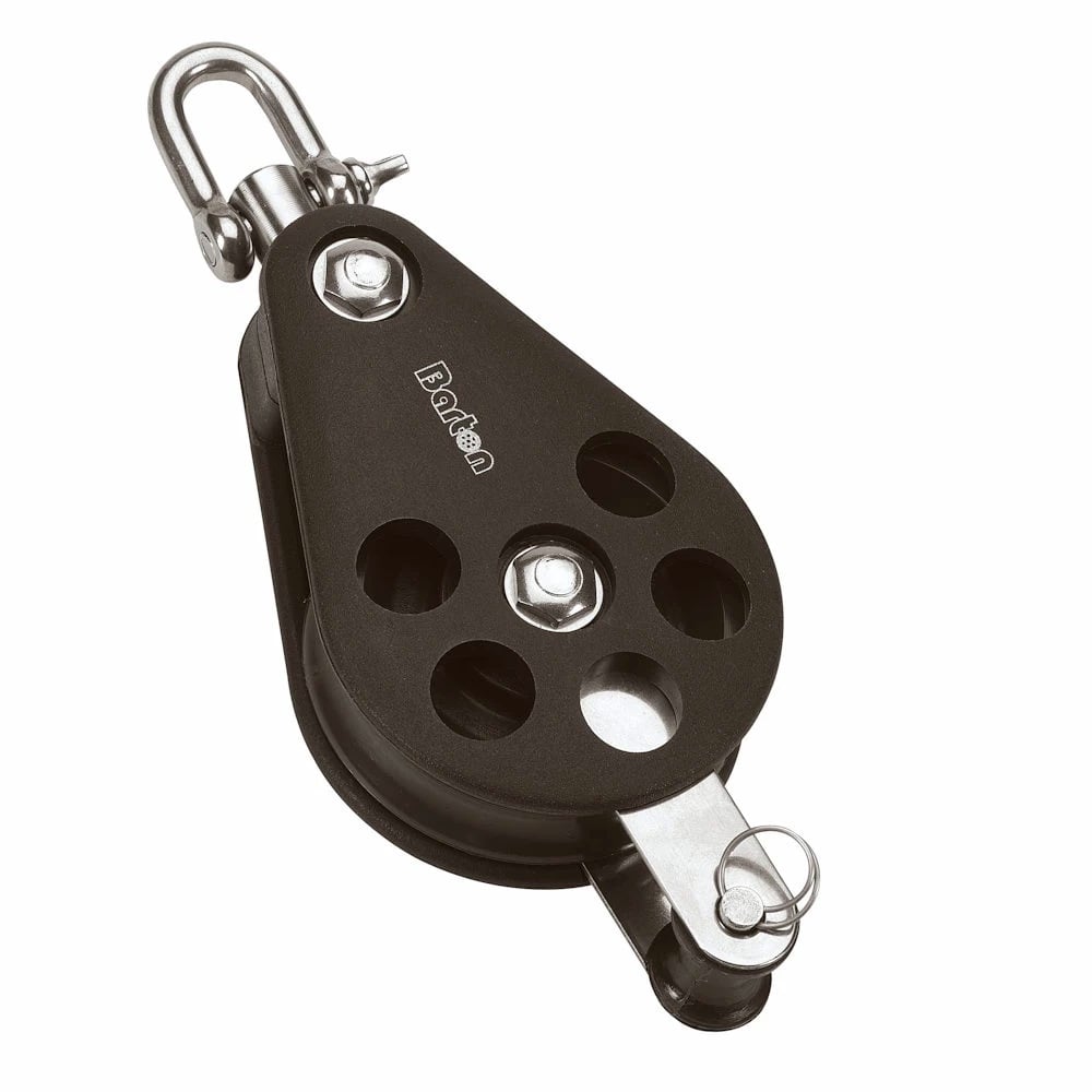 Black pulley block with multiple holes and swivel shackle.