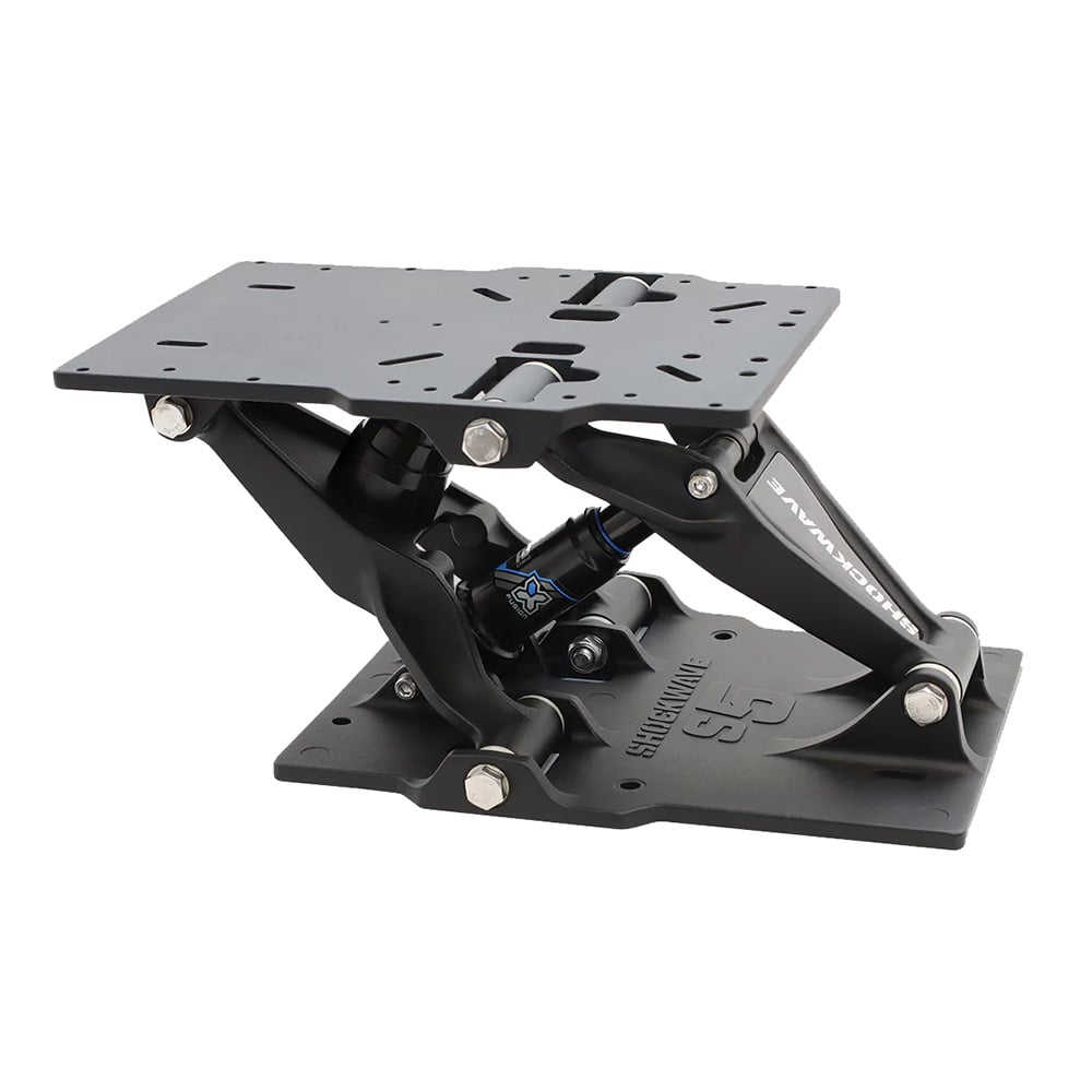 Black metal platform bracket with shock absorbers.