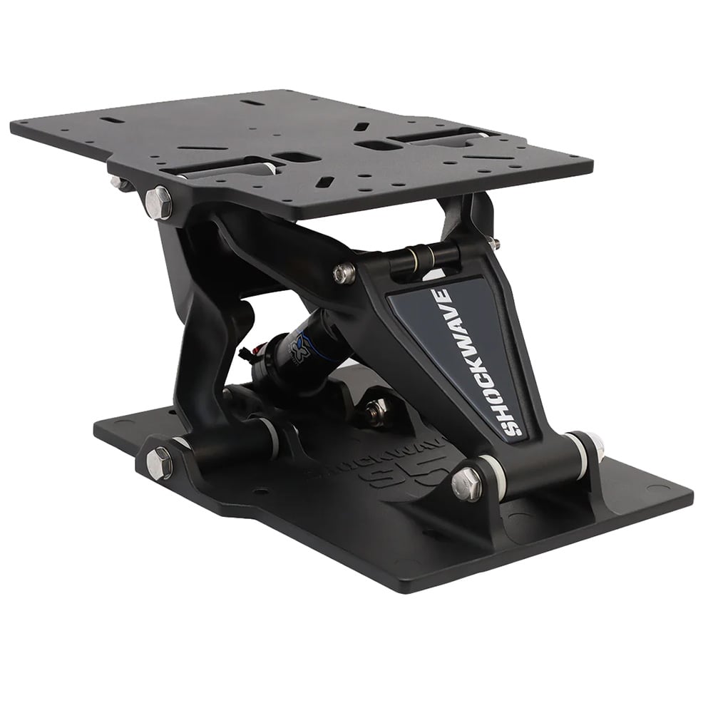 Shockwave marine suspension seat pedestal, black metal design.
