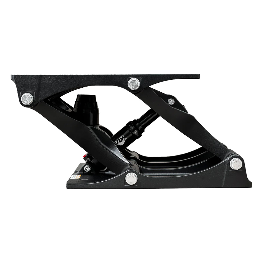Black motorcycle lift stand with hydraulic mechanism.