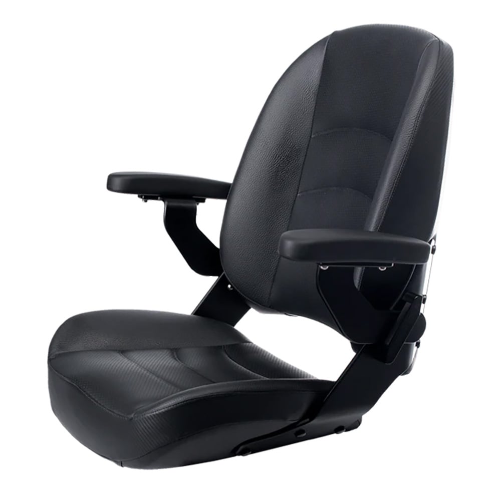 Comfortable black captain boat seat with armrests.