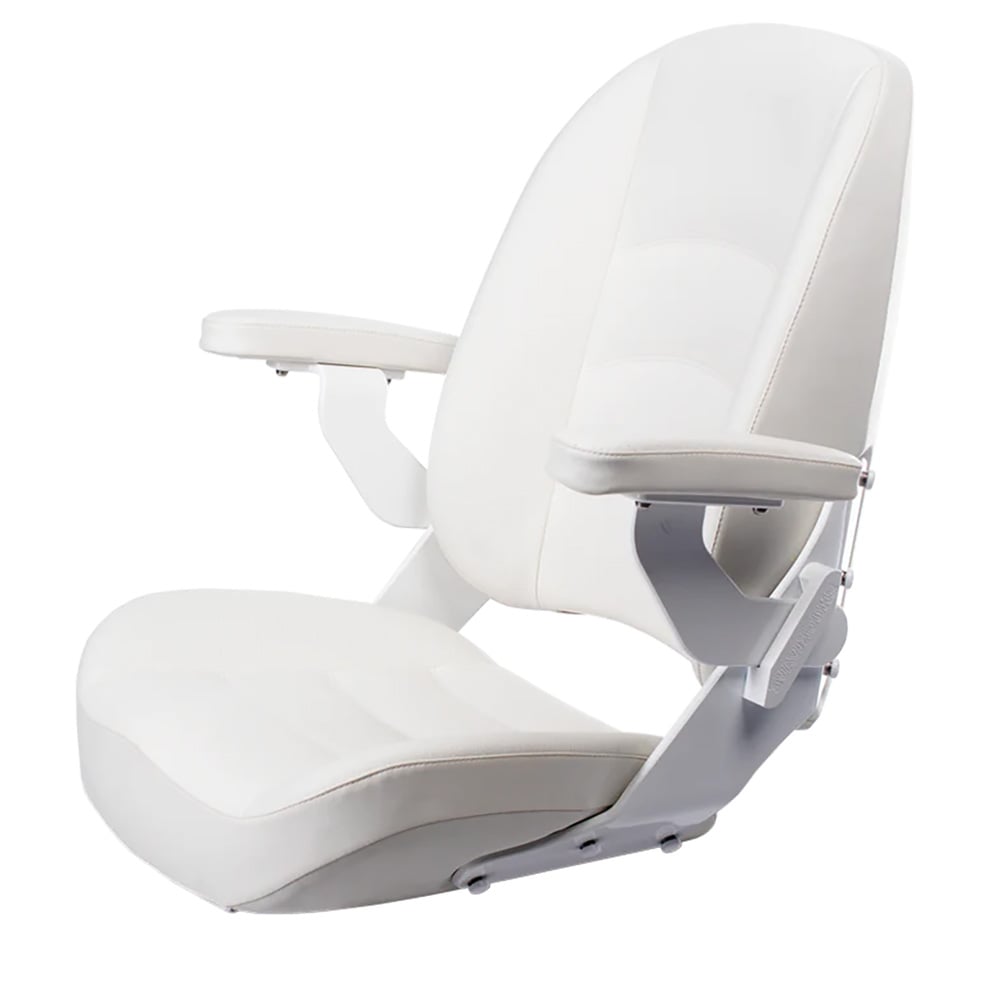 White padded chair with armrests.