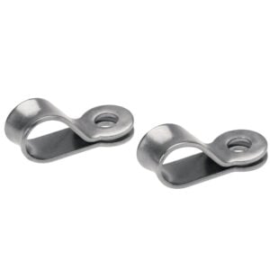 Two stainless steel cable clamps with screw holes