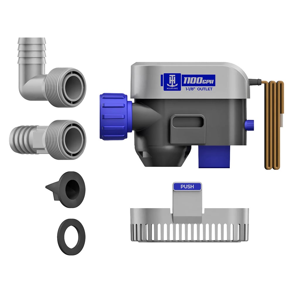 Marine bilge pump with accessories displayed.