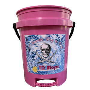Pink bucket with pirate-themed cleaning design.