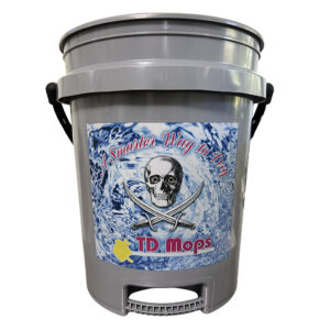 Gray bucket with skull logo and slogan.