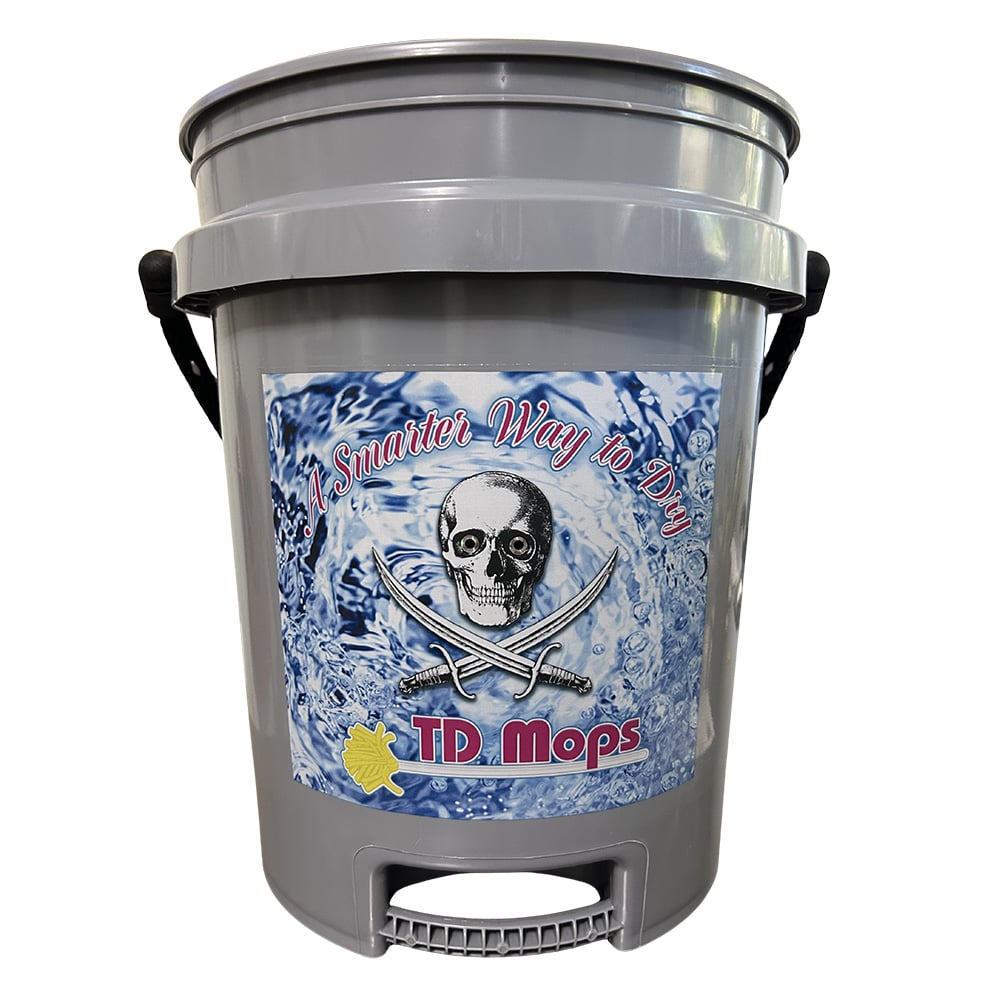 Gray bucket with skull logo and slogan.