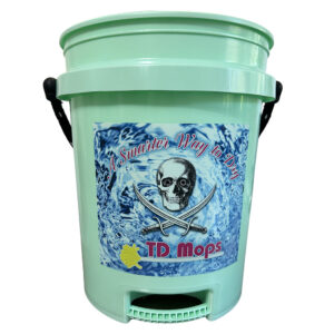 Mint green mop bucket with skull design.