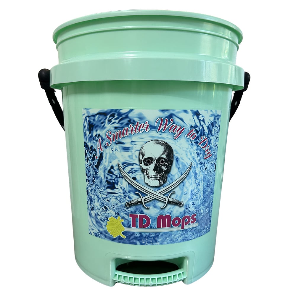 Mint green mop bucket with skull design.