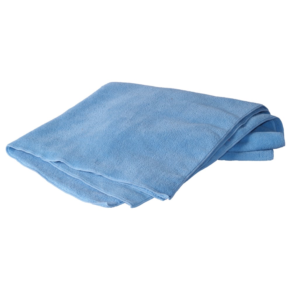 Folded blue microfiber towel on white background.