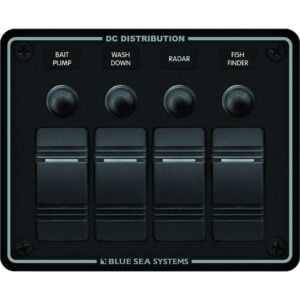 Marine DC distribution panel with labeled switches
