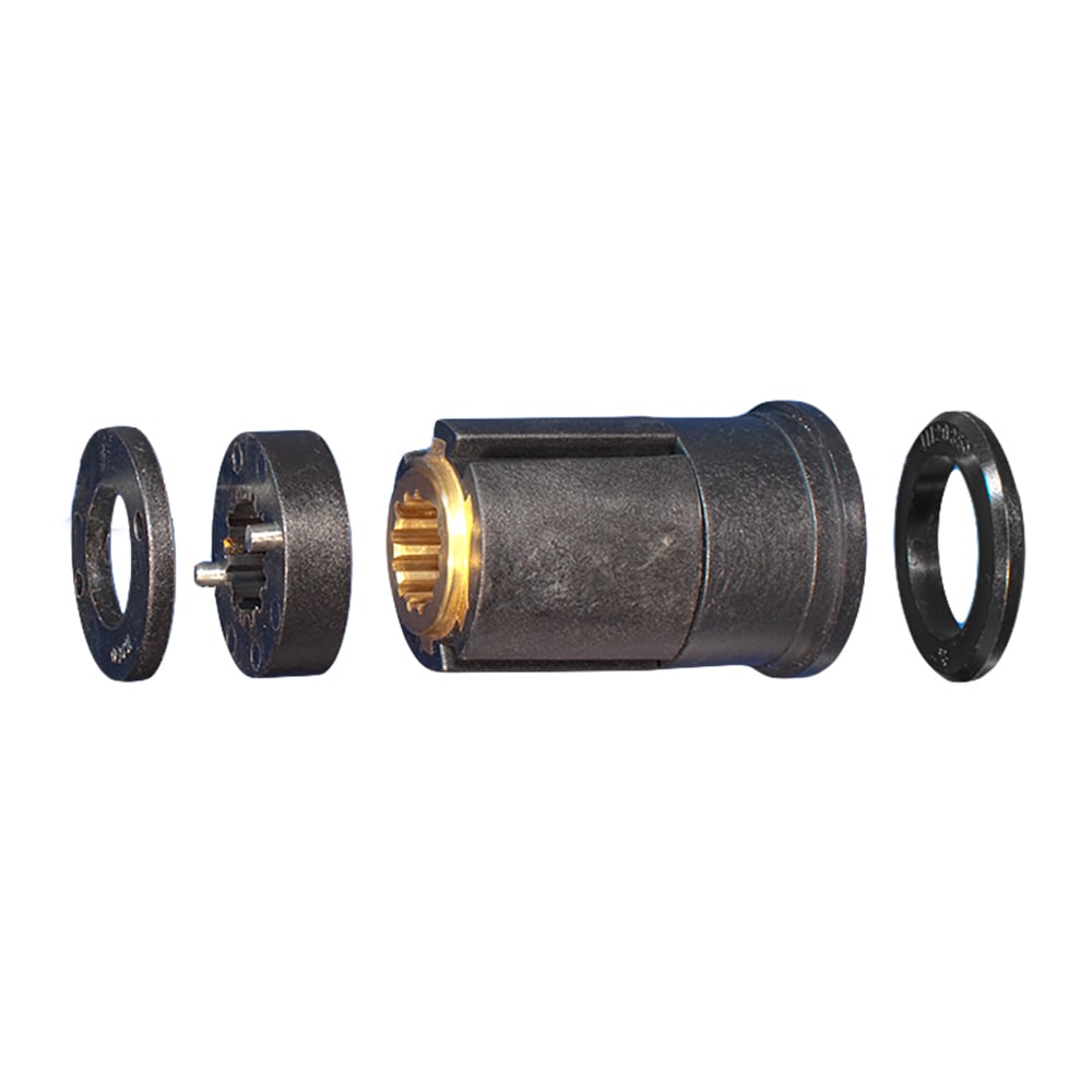 Exploded view of plastic and metal connector parts.
