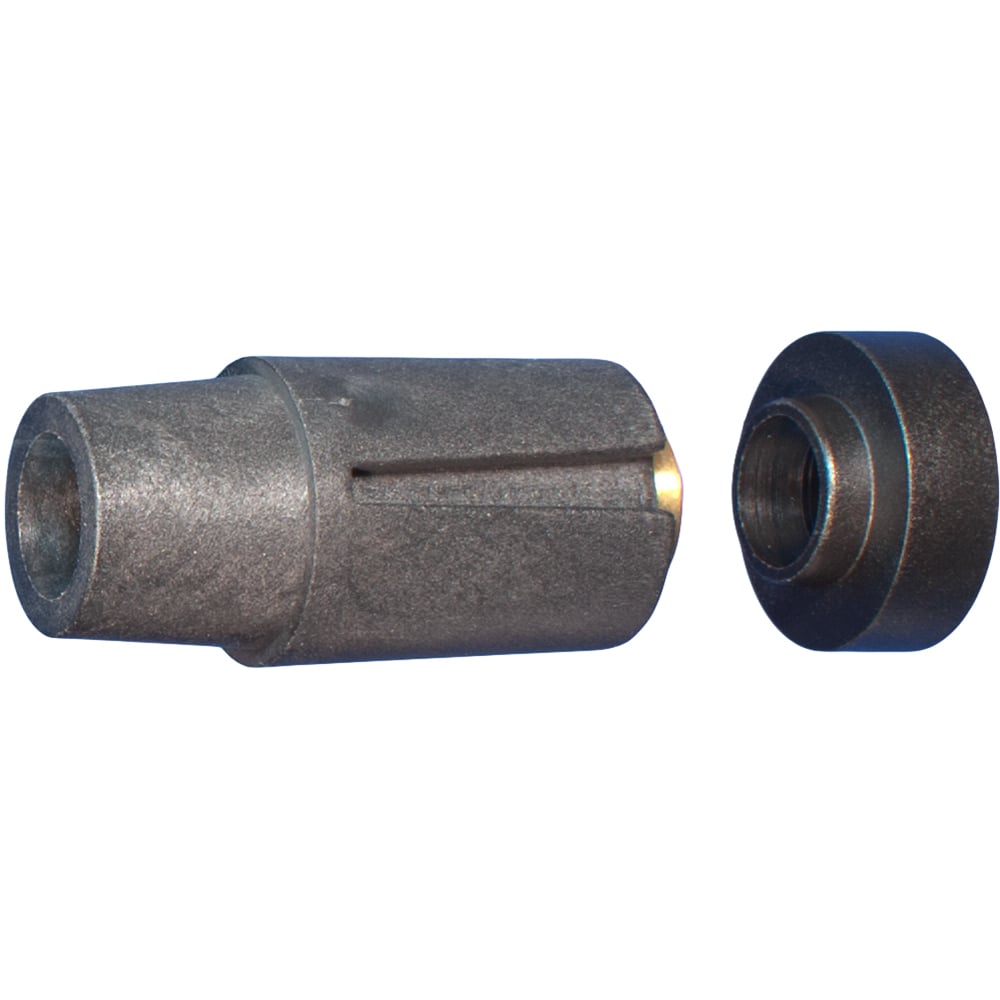 Two metal cylindrical parts, connector and threaded cap.