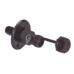 Black plastic bulkhead hose fitting with tethered cap
