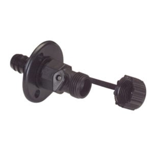 Black plastic bulkhead hose fitting with tethered cap