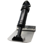 Black metal door closer mounted on base plate