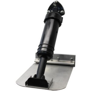 Black metal door closer mounted on base plate