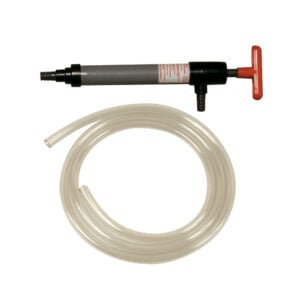 Manual siphon pump with clear plastic tubing
