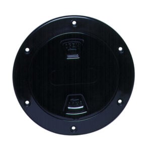 Round black metal mounting plate with screw holes