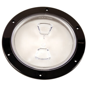 Round black marine inspection hatch with clear cover