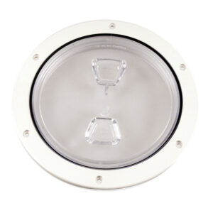 Round white marine deck inspection hatch with clear lid