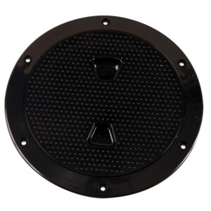 Black circular metal access hatch cover