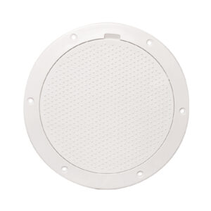 Round white plastic access cover with screw holes
