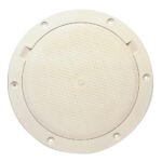 Round beige plastic access cover with textured surface