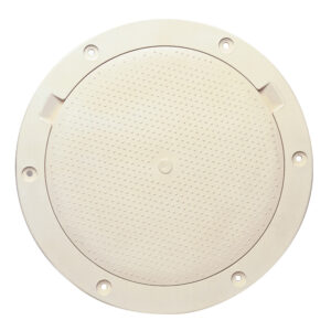 Round beige plastic access cover with textured surface