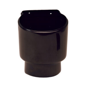 Black cylindrical plastic container on white background