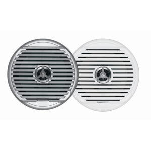 Two round marine speakers in silver and white