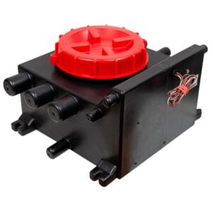 Black fluid tank with red screw cap