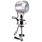 Chromed spotlight with mounting clamp.