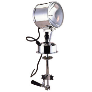 Chromed spotlight with mounting clamp.
